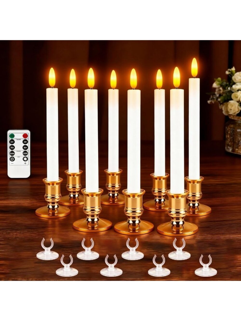 8 Pcs Flameless Taper Candles with Remote & Timer - Battery Operated Holiday
